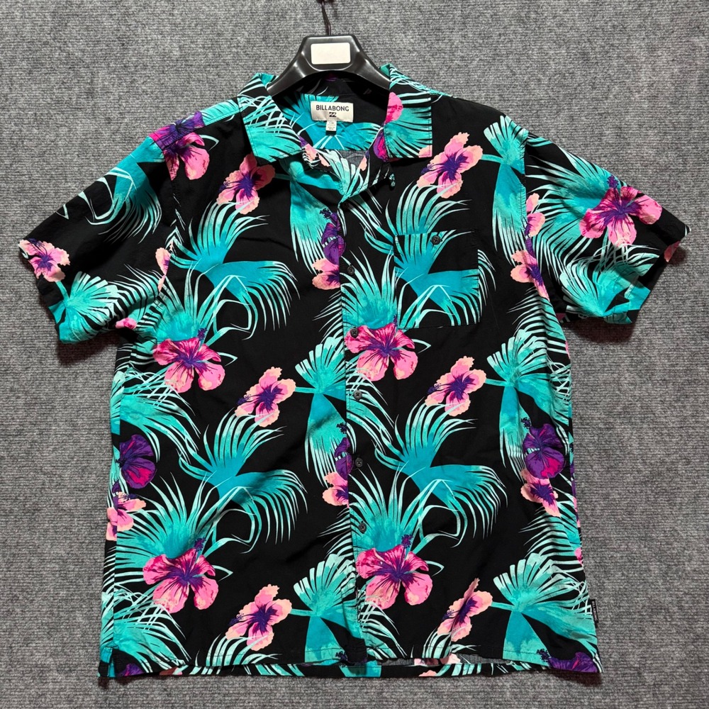 Billabong Shirt 2XL Black Hawaiian Loop Collar Floral Hibiscus Tropical Button